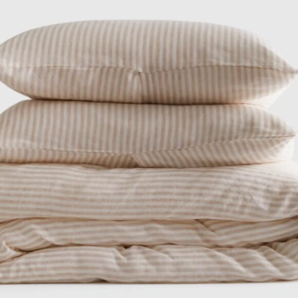 Quince European Linen King Duvet Cover With Shams - Natural / White Stripes 3 pc - Picture 2 of 10